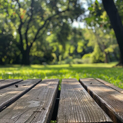 wooden table Close up with blurry trees generated.AI