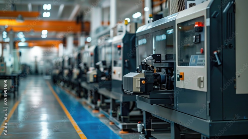 Poster overhead view of a row of plastic molding machines operating in a large industrial manufacturing fac