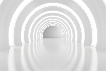 Futuristic empty neon studio corridor with abstract white 3D room light technology, silver road, and modern interior design.