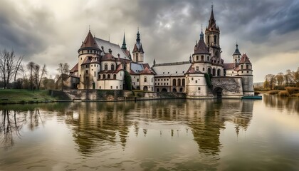 Naklejka premium A castle sits on a lake with a cloudy sky in the background