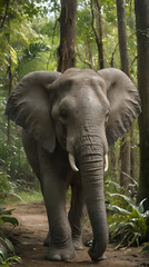 a large elephant walking down a path in the woods