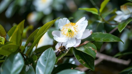 Fototapeta premium A close-up photograph of a white flower in full bloom with yellow stamens and green foliage, capturing a bee collecting nectar on a bright and sunny day