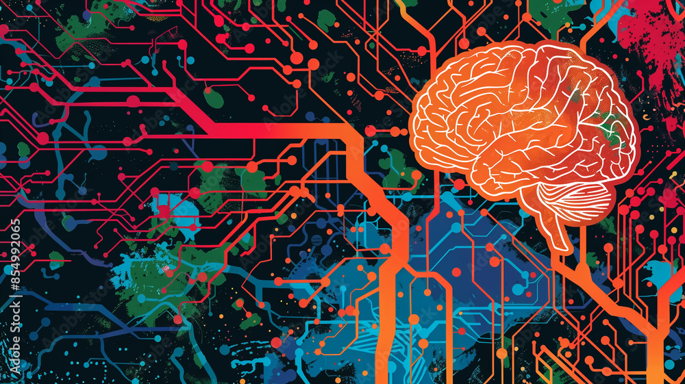 Poster futuristic digital brain with neural network and circuit board elements in vibrant colors