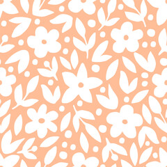 Simple delicate floral vector seamless pattern. White flowers, leaves on a peach background. For fabric prints, textile products.