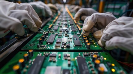 Industrial electronics production line with factory workers assembling and inspecting circuit boards and electronic components using soldering tools and testing equipment