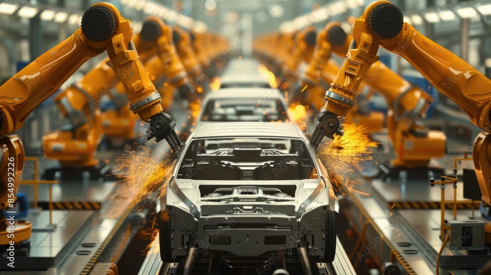 Poster automated automotive factory with robotic arms efficiently assembling car bodies on a production lin