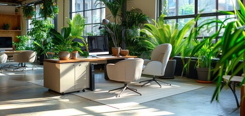 Modern office space with abundant natural light and lush greenery, promoting a fresh and tranquil work environment.