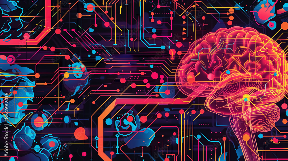 Poster futuristic digital brain with neural network and circuit board elements in vibrant colors