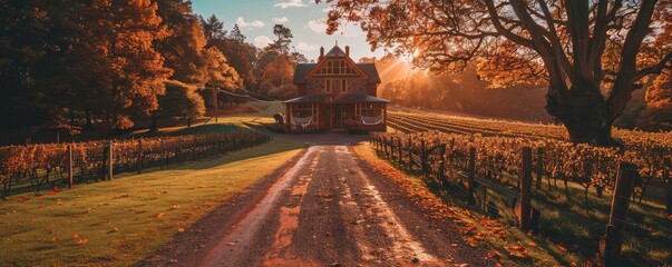 Charming countryside scene with rustic house, gravel road, and autumn trees, bathed in warm sunlight, capturing the essence of rural tranquility.