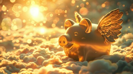 Naklejka premium Golden Pig with Wings Flying in the Clouds.
