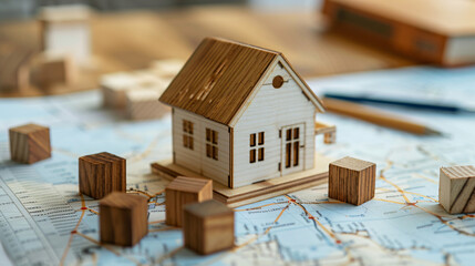 wooden toy house and cubes on a real estate graph or map of land with a building plan, in the style of real estate concept


