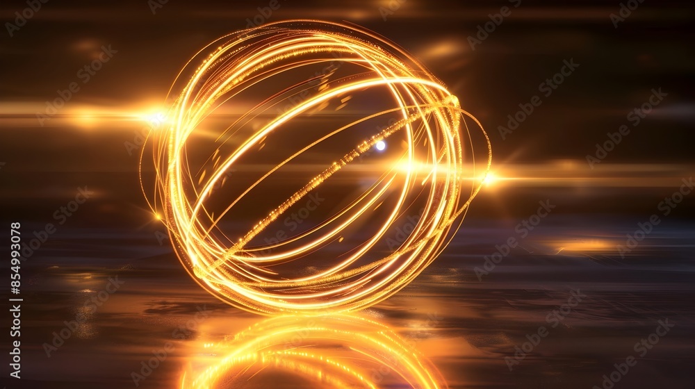 Poster mesmerizing glowing sphere with swirling light trails in abstract motion