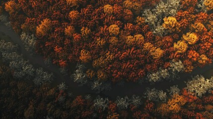 Aerial view of a vibrant autumn forest with hues of orange, red, and yellow trees, crossed by a winding road.