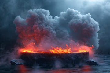 Background fire and lava podium, 3d product render stand. podium stage minimal abstract background beauty dreamy space studio pedestal
