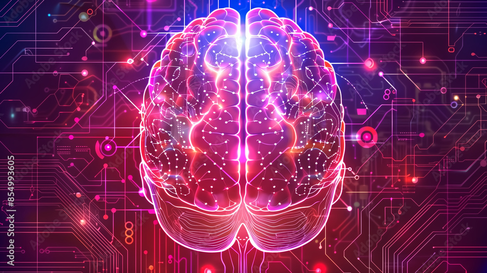 Poster futuristic digital brain with neural network and circuit board background in vibrant colors
