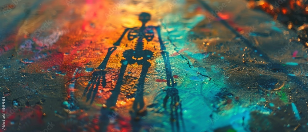 Poster shadow of a skeleton on a colorful abstract background, using vibrant lights and textures to create 