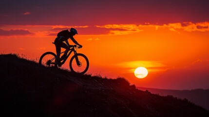 Fototapeta premium Silhouette of a mountain biker riding during a vibrant sunset, capturing the excitement and adventure of outdoor cycling.