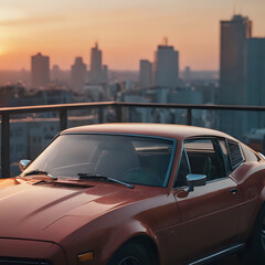 a red car parked on a balcony with a city in the background