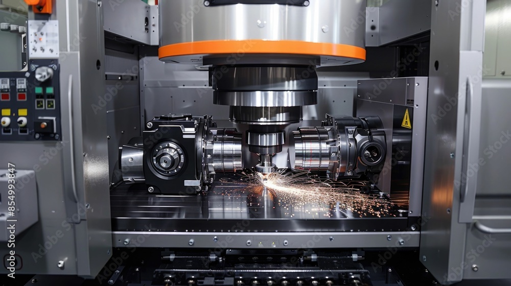 Poster high precision metalworking machinery producing intricate metal components in a modern industrial wo