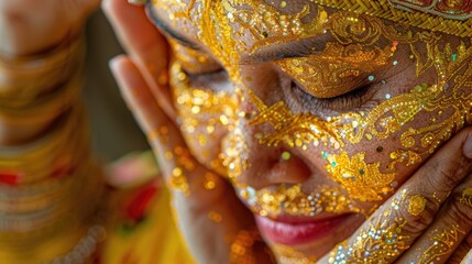 A woman with a golden face and intricate henna designs on her hands, during a traditional ceremony.