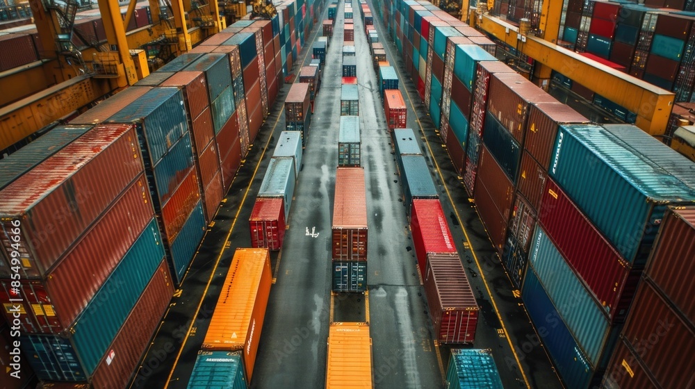 Poster aerial overhead view of busy logistics hub with cargo containers trucks and forklifts coordinating e