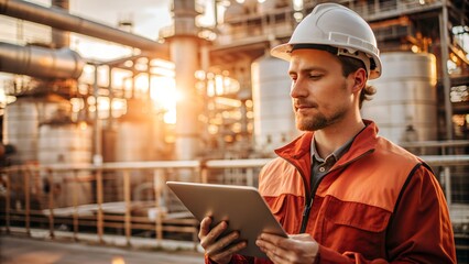 A mechanical engineer is seen utilizing a tablet device in an industrial facility during the sunset