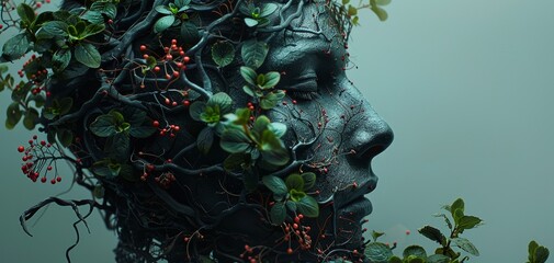 Surreal human figure intertwined with plants and berries, merging nature with humanity in a captivating, artistic representation.