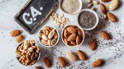 Flat Lay Presentation of Calcium-Rich Nuts and Seeds on Marble Countertop