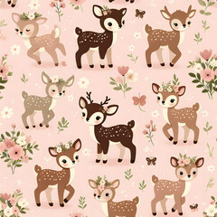 Fototapeta premium Seamless vector pattern with cute vintage fawn, mom, and baby on a floral background. Perfect for textile, wallpaper or print design