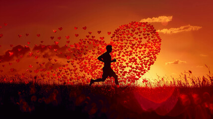 Silhouette of a runner, created with hearts,