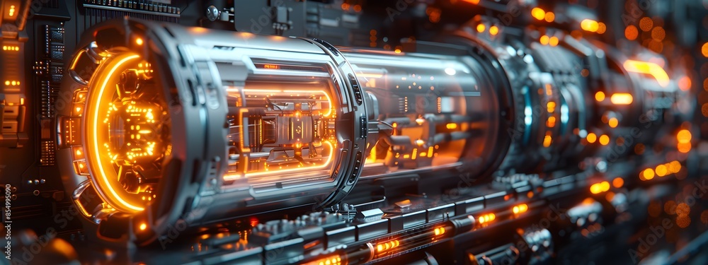 Poster angled quantum core with luminous energy conduits and levitating data console