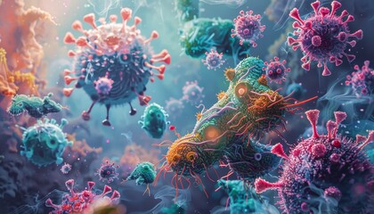 Vibrant digital illustration of microscopic viruses and bacteria in a colorful, abstract style, showcasing intricate biological structures.