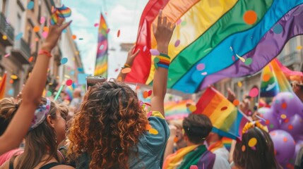 Obraz premium Crowd celebrating with rainbow flags at a public event