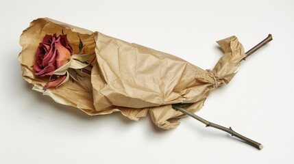 Dried rose with brown paper and Bonding text on white background