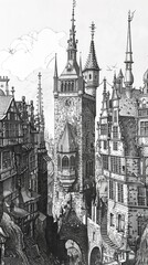 Fototapeta premium Charm of an old engraving town, history comes to life through intricate details and timeless architecture, the past with its rustic beauty and nostalgic ambianc