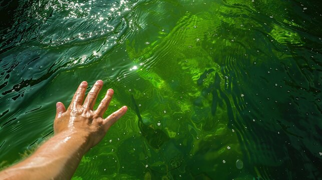 A hand touching the surface of pure green water of the river in nature on a sunny day, symbolic and ecological gesture for conservation of natural resources and preservation of the environment