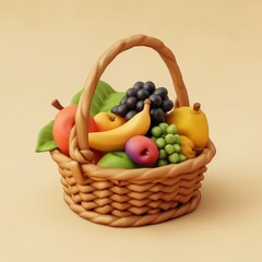cute summer element, a basket of fruits on light background, clay texture 