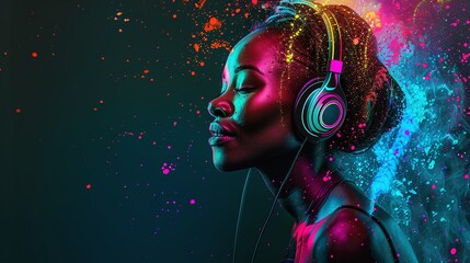 African woman wearing headphones, enjoying music beats, feeling emotions in vibrant color pulse, colorful dynamic sound vibes and abstract digital light effects on black background