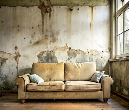 An old, worn couch sits in an abandoned room with peeling walls, creating a distressed atmosphere