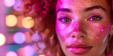 Fototapeta premium A close up portrait of a woman with pink makeup and curly red hair. She is standing under purple and yellow lights, which create a soft, romantic glow