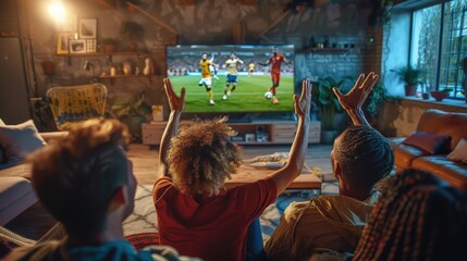 Fototapeta premium Friends gathered around a TV, Friends cheering for soccer team on TV, Home game excitement