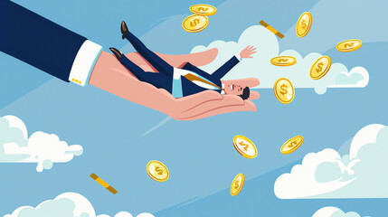 Fototapeta premium Businessman's Hand Tossing Smaller Executive with Coins Falling from the Sky Against Blue Cloudy Background, concept of promotion