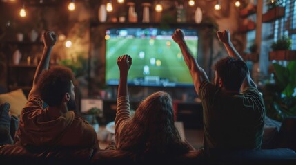 Friends gathered around a TV, Friends cheering for soccer team on TV
