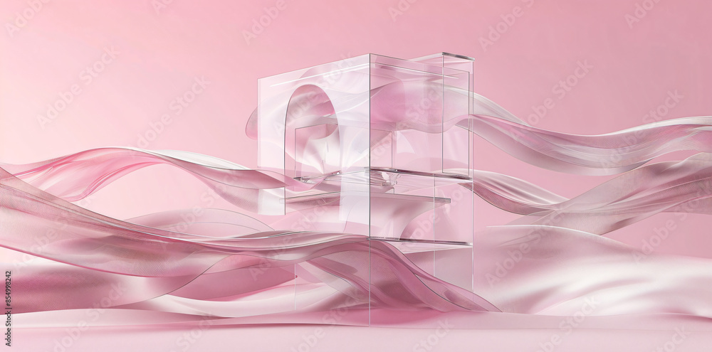 Poster abstract digital background with geometric shapes and lines in pink, white and red colors, creating 