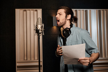 A talented man passionately sings into a microphone in a recording studio during a music band...