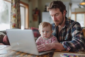 Fototapeta premium Father Working on Laptop with Baby. A dedicated father working from home on his laptop while holding his baby daughter on his lap.