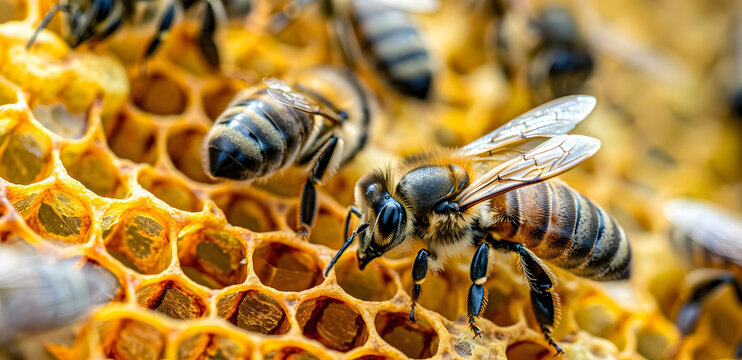 Bees working on honeycomb, a closeup shot of bees in the hive with yellow combs and one queen bee, macro photography