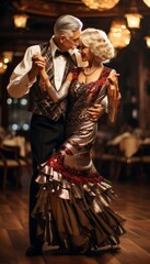 Obraz premium Elderly couple gracefully dancing in a vintage ballroom dance lesson with an antique touch
