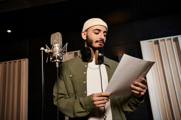 A focused man in headphones reads a sheet of paper, fine-tuning his performance in a recording...