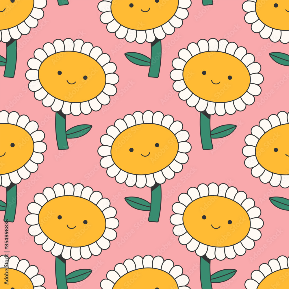 Aufkleber seamless vector pattern with cute flower character in groovy retro style. abstract daisy with smilin